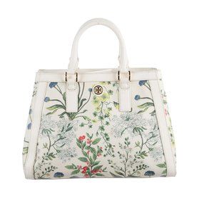 Tory Burch Floral Botanical Print White Cream Satchel Tote Handbag